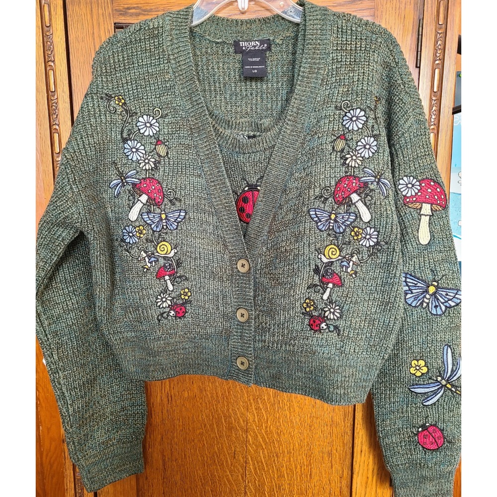 Thorn & Fable Green Embroidered Mushroom Ladybug Cardigan Tank Sweater Set LG